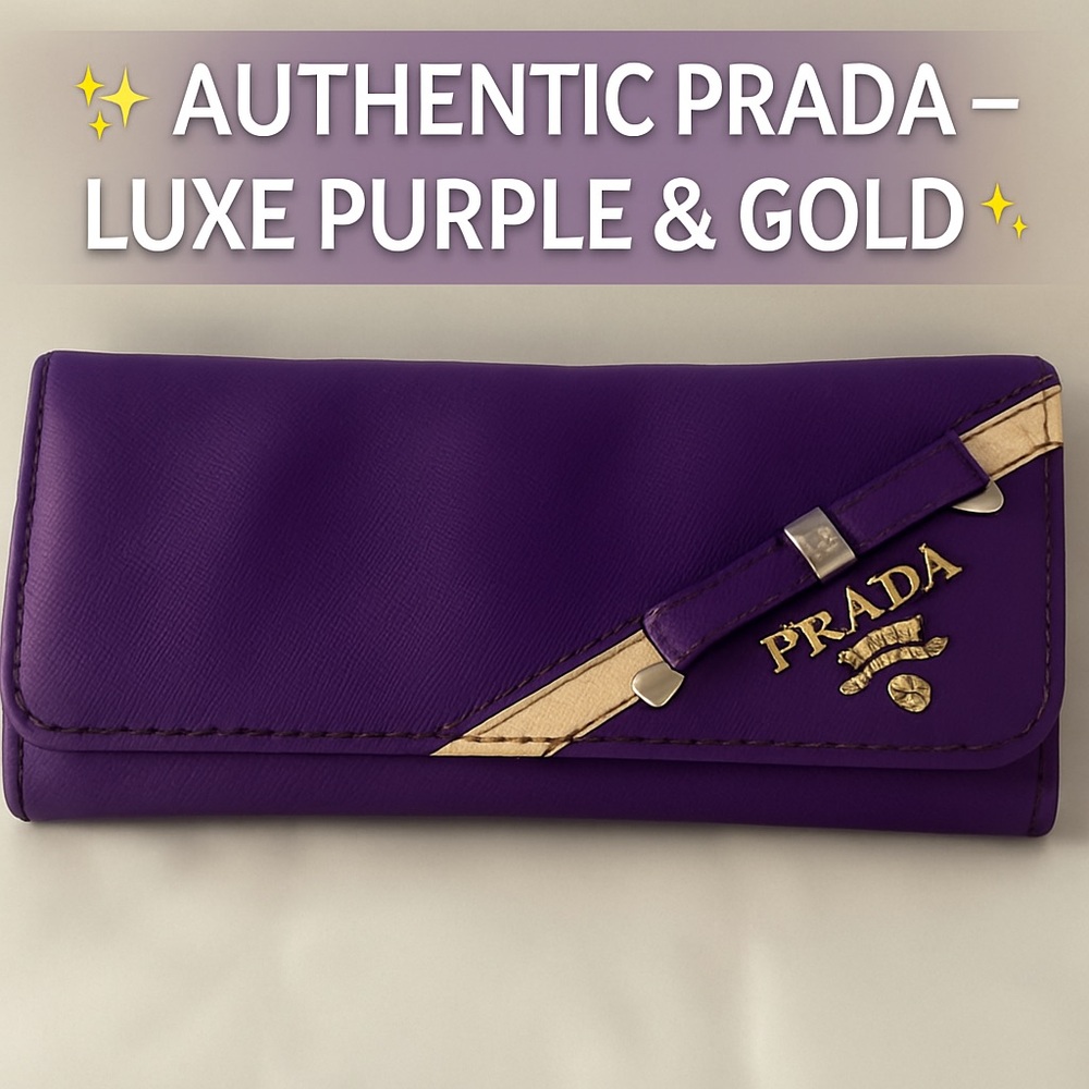 āSOLDāPrada Purple Saffiano Leather Bow Wallet ā Made in Paris, Gold Logo - Picture 1 of 9